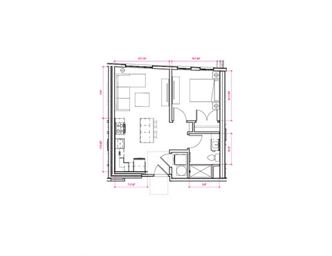 Floor plan for 1 bed, 1 bath, 533 sqft
